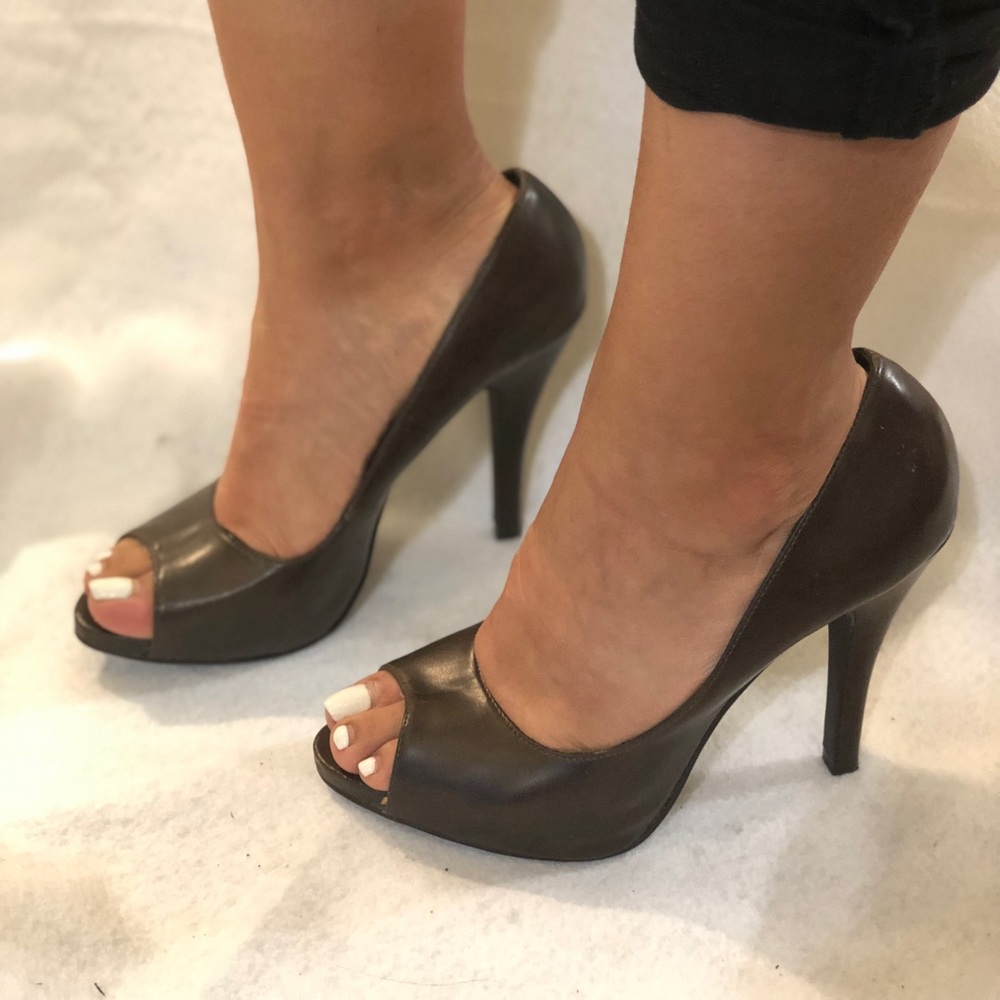 Brown open toe heels